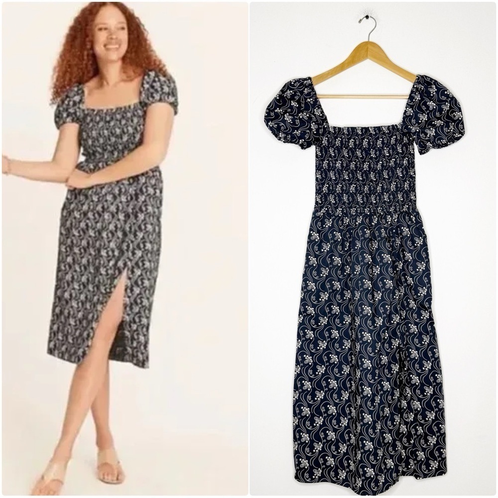 J.Crew Smocked Puff-Sleeve Midi Dress Navy Floral XXS